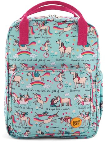 Tyrrell Katz Girls Unicorn Printed Backpack in Blue - Double Zip Kids School Rucksack with Bottle Pocket, Twin Handles & Adjustable Straps · Fits A4 Books · Made from Recycled Polyester
