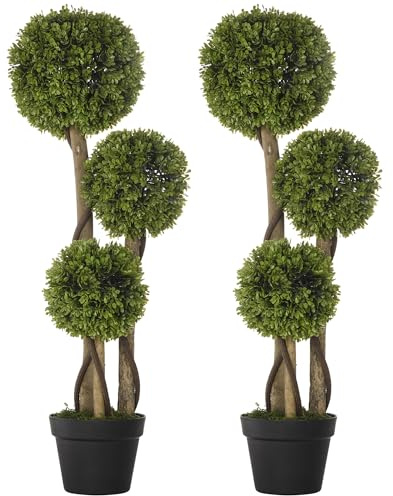 HOMCOM Set of 2 Artificial Tree Boxwood Topiary in Pot 90 cm Light Green | Decorative, Ball Topiary Tree, Fake Plant, for Home Indoor Outdoor Decor