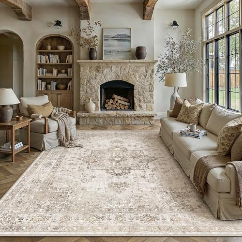 PureCozy Beige Vintage Teppich Wohnzimmer 200x300cm Waschbar | Waschbarer Teppich, Weich Rutschfest, Kurzflor im Retro, für wohnzimmerteppich Schlafzimmer Esszimmer, Groß Teppich
