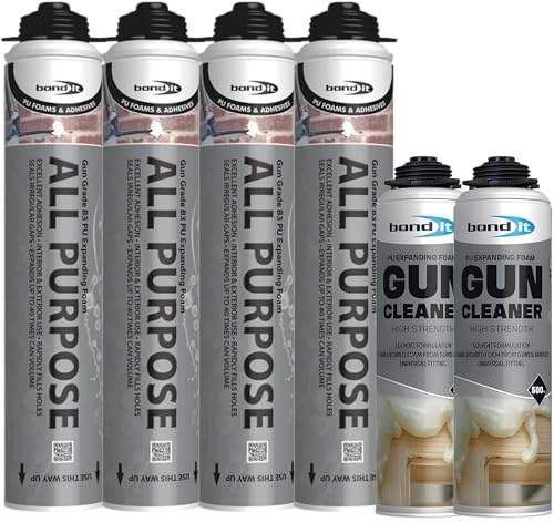 Bond It All Purpose PU Expanding Foam 4 Pack (750ml Each) with 2 Gun Cleaners (500ml Each) – B3 Gun Grade Insulation Foam Filler for Gaps, Windows, Doors, and Framework Installation