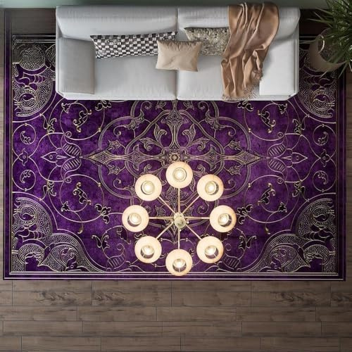 Softlyle Teppich Wohnzimmer 80 x 160 cm Teppich Kurzflor rutschfest Waschbar für Schlafzimmer Esszimmer küche modern Retro geometrisch lila braun