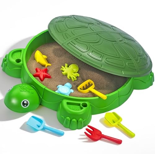 Turtle Sandbox with Lid & Beach Toys Set, 38 Kids Sandbox for Toddlers 3-8, Indoor Outdoor Sensory Play Sand Box with Cover, Summer Gift for Ages 3-8