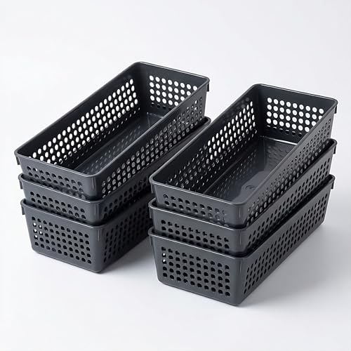 ABBAware Pack of 6 Long Rectangular Storage Baskets – Slim Drawer Organisers (L26.3 x W11.2 x H6cm) – Perforated Plastic Trays for Kitchen Utensils, Desk Supplies & Bathroom Storage