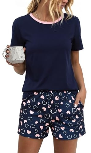 Litherday Womens Pyjamas Set Short Sleeve Cotton Summer Pjs for Women Nightwear Sleepwear Top and Heart Print Bottoms with Pockets