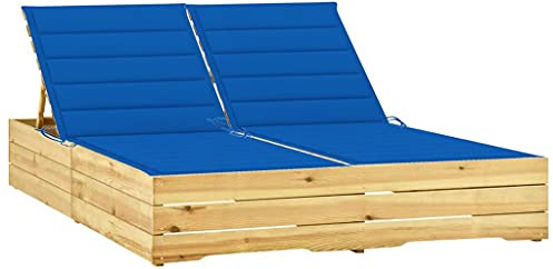 Frdhee Strandkorb, Doppel-Sonnenliege mit Königsblauen Auflagen Kiefer Imprägniert Saunaliege Klappbar für Balkon, Terrasse, Camping