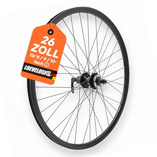 MTB Hinterrad 26 Zoll Fahrrad Laufrad – Scheibenbremse 6-Loch – QR 9/10×135 mm Schnellspanner – Shimano HG Kassette 8/9/10/11-fach – Alu Felge & Nabe 36 Speichen – Komplettrad Schwarz – LOEVELOSI