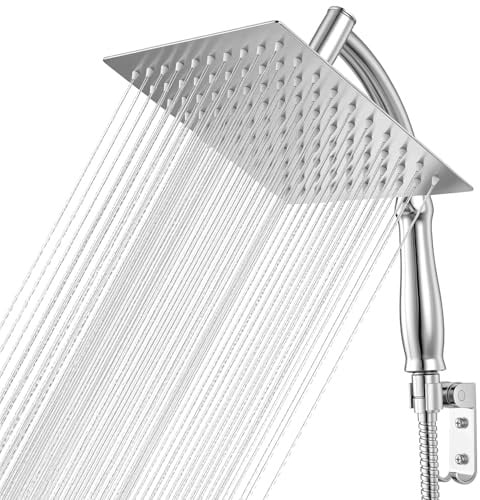 QWORK® Alcachofa de Ducha Efecto Lluvia 20cm, Cabezal Ducha Acero Inoxidable 304 G1/2 con Soporte de Pared Aleación de Aluminio, para Baño, SPA