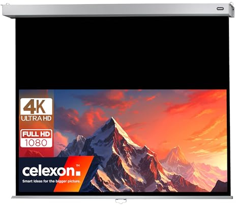 celexon Professional Plus Manual Projection Screen 100 | 220x137cm 16:10 | Manually retractable 4K Full HD screen for office presentations and home cinema, for wall or ceiling mounting