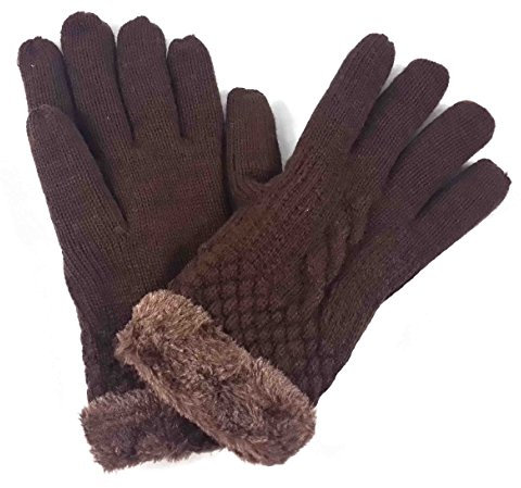 Lina & Lily Damen Warm Winter Handschuhe mit Strickmuster Kunstpelz-Besatz (Dunkelbraun)