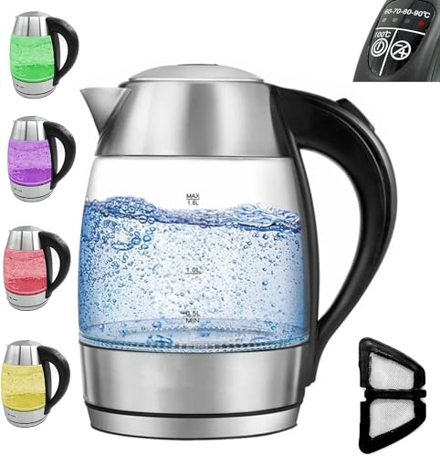 Wasserkocher LED Glas mit Temperatureinstellung Premium, Edelstahl, 2200W -Mit Farbspiel und Warmhaltefunktion, 1.8L Volumen -Mit Sichtfenster, Automatische Abschaltung, 60,70,80,90,100°C
