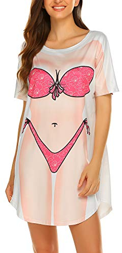 Ekouaer Strandkleid Damen Beachwear Tunika Luftig T-Shirt mit Bikini Aufdruck Sommer Bikini Cover Up Kurzarm Beachkleider, Rosa, L