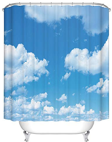 Boyouth Duschvorhänge mit blauem Himmel und weißem Wolkenmuster, Digitaldruck, für Badezimmer-Dekoration, Polyester, wasserdichter Stoff, mit 12 Haken, 180 x 200 cm, Mehrfarbig