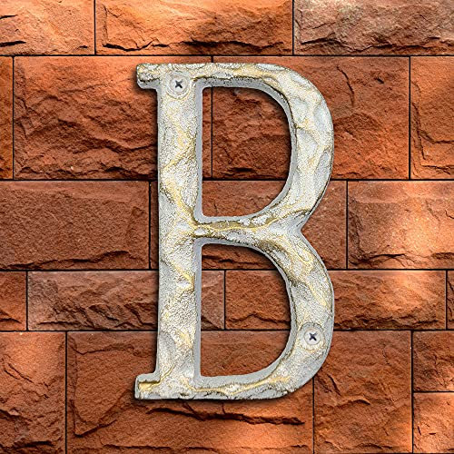5 Inch High Home Address House Numbers- Unique Cast Iron Metal Mailbox Number/Letters for Outside or Front Door, Handmade Gold & White Finish (Letter B)