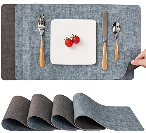 Myir JUN Tischsets Abwaschbar und Untersetzer 4er Set, Platzsets Abwaschbar Doppelseitig Bedruckt Kunstleder Schmutzabweisend & rutschfest, Platzdeckchen Abwischbar Lederoptik für Küche & Esszimmer