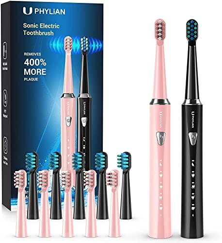 PHYLIAN Elektrische Zahnbürste Doppelpack - Sonic Schallzahnbürste, 2 Handstücke, 5 Modi Mit 10 Ersatzbürstenköpfe (Rosa & Schwarz)