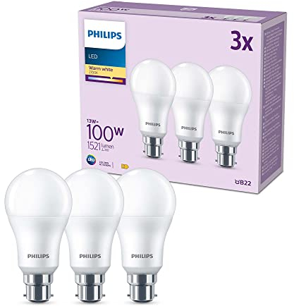 Philips LED Frosted A60 Light Bulb 3 Pack [Warm White 2700K - B22 Bayonet Cap] 100W, Non Dimmable. for Home Indoor Lighting