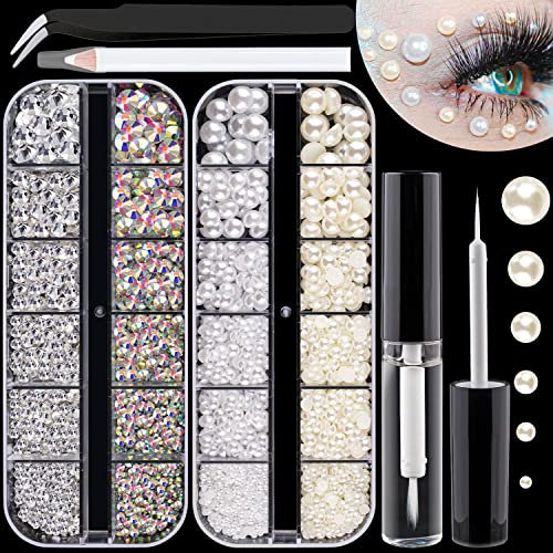 Kit de strass et perles à dos plat en verre rond AB et transparent + perles blanches et beiges avec outils pour nail art et maquillage du visage et des yeux