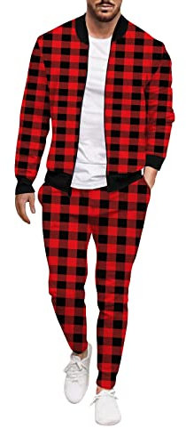 QWUVEDS Herren Winter Casual Street Woven Jacket Coat Pants Plaid Zweiteiler Polyester Jogginganzug Herren