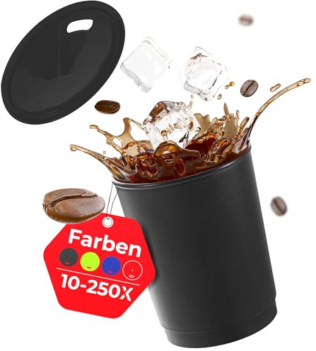achilles Kaffeebecher mit Deckel, Kunststoffbecher, Mehrwegbecher, Trinkbecher, LFGB geprüft, spülmaschinenfest, stapelbar, 330 ml, Becher schwarz, Deckel schwarz, 10 Stk.