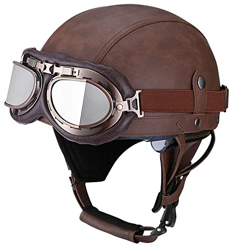 Motorrad Vintage Helm Aus Deutschem Leder Mit Offenem Gesicht Mit Schutzbrille Verstecktem Visier Chopper-Pilot Moped Fahrrad Cruiser Scooter DOT/ECE-geprüft