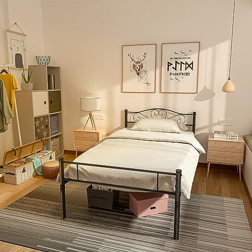 VECELO Single Size Bed Frame, Easy Assembly Metal Mattress Foundation with-Headboard & Footboard No Box Spring Needed and 35cm Storage