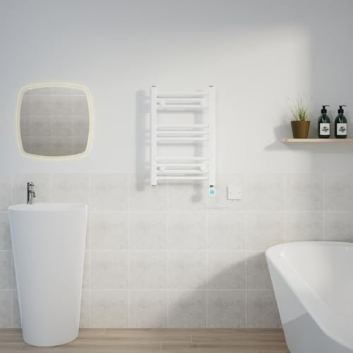 Warmehaus Electric Thermostatic Towel Radiators Straight White 600x400mm | Prefilled, Timer, LCD Display, Child Lock, Dual Fuel, Mild Steel, Wall Mounted, Bathroom Ladder Towel Warmer