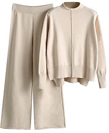 YCBMINGCAN Damen Strickset Herbst und Winter Strickanzug Stehkragen Pullover Lange Hosen Lose Zweiteiler Skianzug Damen Set (E-Beige, One Size)
