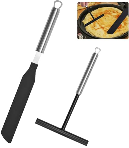 CAREDGO 2 Pezzi Spatola per Crepes Professionale Spatola Stendi Crepes Bastoncino per Crepes in Acciaio Inox e in Silicone Strumenti per Crepes per Fare per Pancake(Argento Nero)