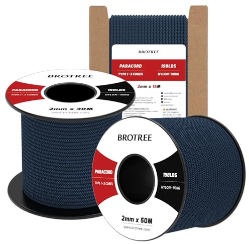 Brotree 2mm Paracord 3 Hebras 50M 100% Nylon Cuerda de Paracaídas para Al Aire Libre, Artesanía, Bricolaje - 90kg Carga de Rotura (Azul Marino)