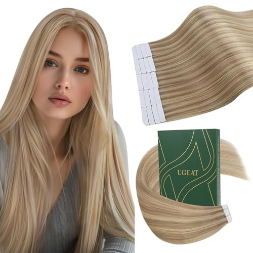 Ugeat Tape in Extensions Echthaar 55cm Goldblond Haarverlängerung Echthaar Tape Extensions Blond mit Hellbraun Glatt 20s 50g für Party #16/22