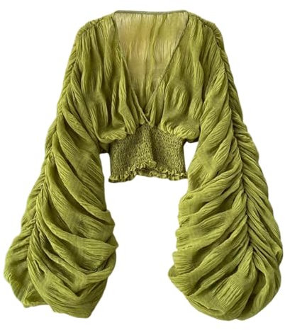 Women's Lace Tops Puff Long Sleeve V-Neck Casual Blouses Shirts Sexy Ruffle Long Sleeve Summer Lace Tops 2024 Puff Flare Shirt Hollow Out Button Down Tunic Blouses Fashion Chiffon Top, O Green, One