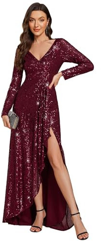 Ever-Pretty Women's Sexy Winter Sequin Dress Long Sleeves A-Line High Low Maxi Evening Dresses Burgundy 12UK