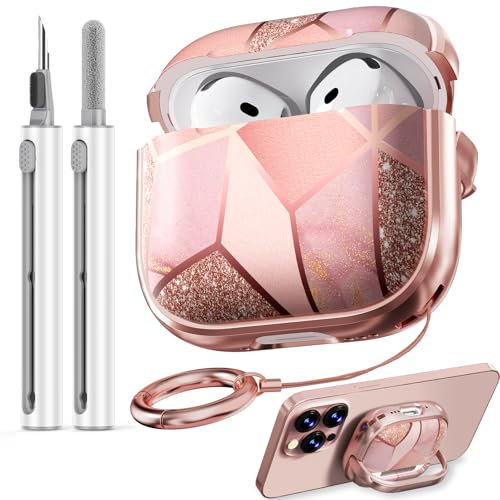 Schutzhülle für AirPods 4 mit Sicherheitsschloss 2024, niedliches Blumenmuster für AirPods 4. Generation, Air Pod 4 Hüllen für Damen, Mädchen, iPod 4 Hüllen mit Reinigungsset, Roségold-Marmor