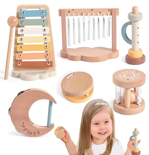 Musikinstrumente Für Kinder, Bohème Stil, 6 Teiliges Montessori Holzspielzeug Mit Xylophon, Röhrenglocke, Klarinetten, Percussion-Instrumente Set