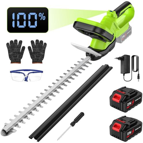 Cortasetos Bateria, 500W Cortasetos Electrico con 2 Baterías de 3,0 Ah, 55cm Longitud de Corte, 15mm Espacio Entre Dientes, Motor sin Escobillas, Pantalla LCD, Hoja de Doble Acción