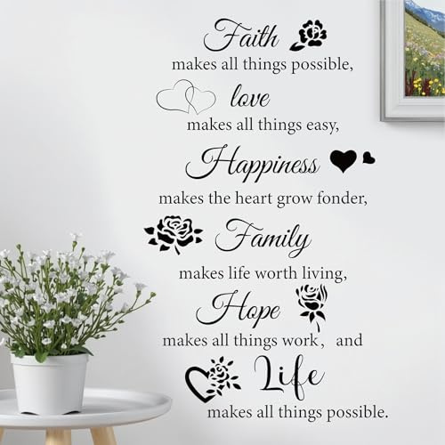 KAIRNE Faith Family Life Quote Rose Heart Removable Wall Decal Sticker