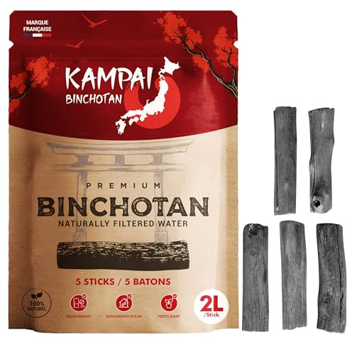 KAMPAI Carbone attivo acqua | Filtro fino a 4,5 l/bastone, binchotan naturale, purificatore vegetale biologico caraffa filtrante - 6 mesi di purificazione acqua del rubinetto, bottiglia di vetro