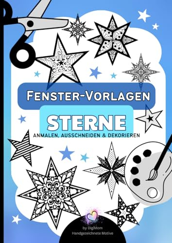 Winter Sterne Fensterbilder Weihnachten, Mal- und Schneidebuch | wie Scherenschnitt | Ausmalbilder | Basteln für kreative Kinder | Kleinkind
