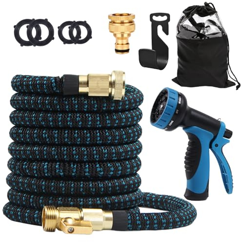 Expandable Garden Hose Pipe, 30m/100ft Expanding Hose with 10 Function Spray Gun, Flexible Hosepipes for Garden with 3/4&1/2 Solid Brass Connectors Durable Weave & No-Kink