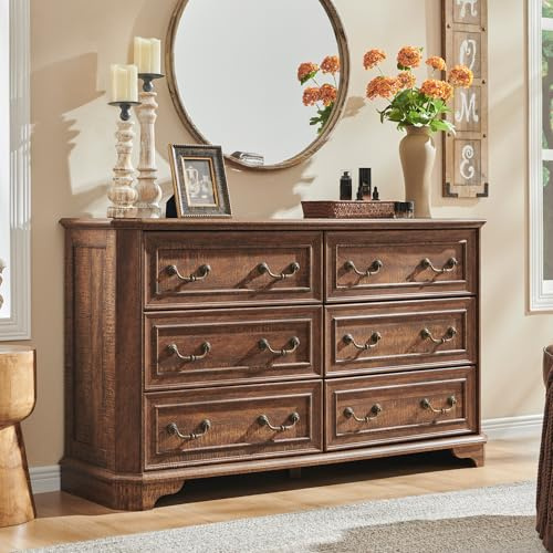 AetherWood Landhaus Kommode mit 6 Schubladen, 137 cm breite Holzkommode, Vintage Design Sideboard für Schlafzimmer & Wohnzimmer, Rustikale Eiche