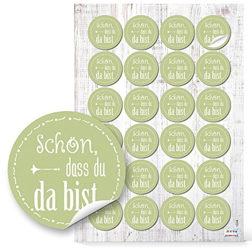 Logbuch-Verlag 24 SCHÖN DASS DU DA BIST Aufkleber RUND hellgrün GRÜN weiß lindgrün maigrün Etikett selbstklebend Sticker Verpackung Gastgeschenk give-away Gäste Deko 4 cm