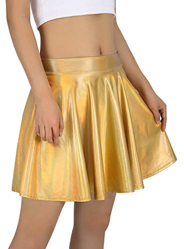 HDE Damen Casual Fashion Flared Plissee A-Linie Kreis Skater Rock, Gold holografisch, Mittel