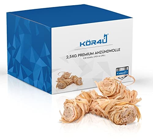 kör4u Anzündwolle 2,5kg, Bioanzünder in Wachs getränkt mit 10 Minuten Brenndauer, Kaminanzünder - Holzanzünder, Grillanzünder, Holzkohle - Ofenanzünder, Kaminholz, Holzwolle