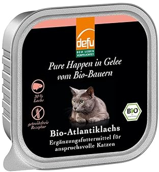 defu Alimento per gatti | 1 x 100 g | Bio Atlantico salmone Pure Happen in gelatina | Mangime complementare biologico di alta qualità per gatti