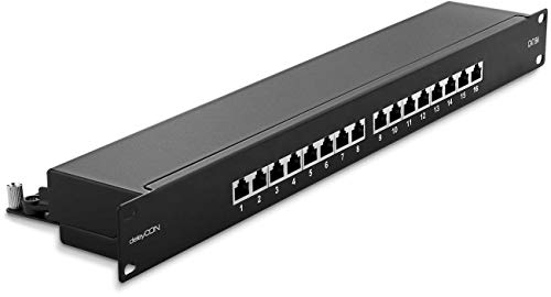 deleyCON CAT6a Panneau de Brassage 16 Port Bureau 19 Pouces Le Montage en Rack Assemblage du Serveur 16x RJ45 Blindé TIA568A TIA568B - Noir