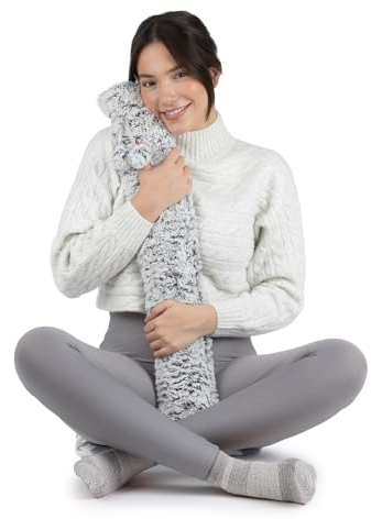 LIVIVO 2L Extra Long Hot Water Bottle with Soft, Removable and Washable Fleece/Knitted/Faux Fur Cover - Giant Size Ideal for Full Body (Plush Two-Tone Grey)