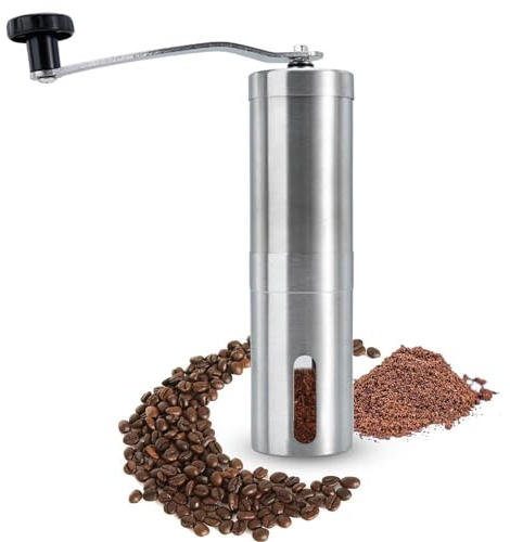 INTIRILIFE Kaffeemühle manuell aus Edelstahl in Silber - 20,5 x 5 cm - 120 ml Füllmenge - Manuelle Mühle mit stufenlos einstellbarem Mahlwerk für Kaffee, Espresso- Mahlen von Hand, Espressomühle