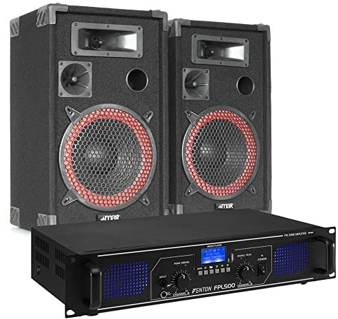 Fenton FPL500 Pack de Audio con Amplificador de Clase D de 500 W con Bluetooth y MP3, 2 Altavoces pasivos MAX Xen 3508 de 8, Cable de Altavoz de 10 Metros - Ideal para amenizar Tus Fiestas