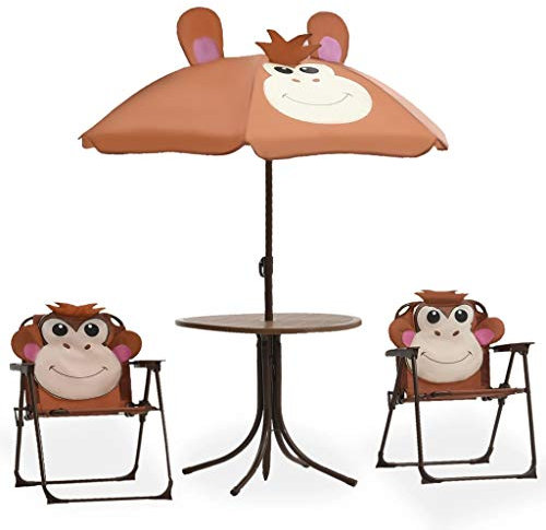 Festnight 3-TLG. Garten-Bistro-Set für Kinder Gartengarnitur Kindermöbel mit Sonnenschirm | UV Schutz | 1 Sonnenschirm + 1 Tisch + 2 Kinderstühle klappbar Braun