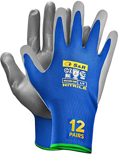 S&R Arbeitshandschuhe mit Nitril-Beschichtung – Nahtlose, Rutschfeste Schutz-Handschuhe für Montage, Bauarbeiten & Wartung – Flexibel, Ölfest & Wasserdicht, Abriebfest